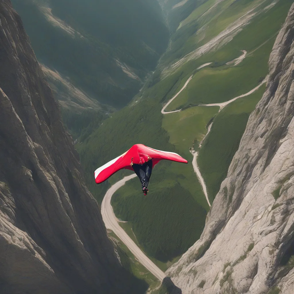 A wingsuiter soaring through a mountain valley.