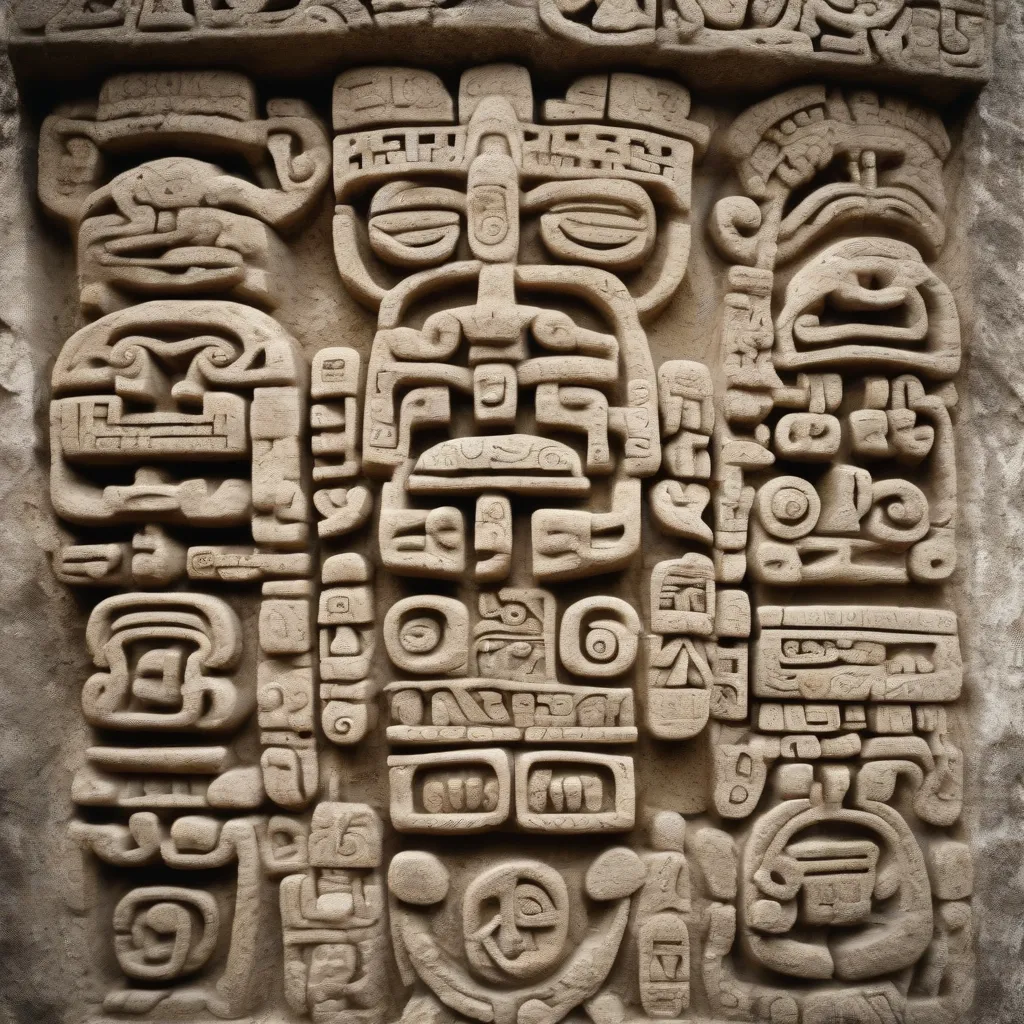 A close-up of Mayan glyphs carved into a stone monument.