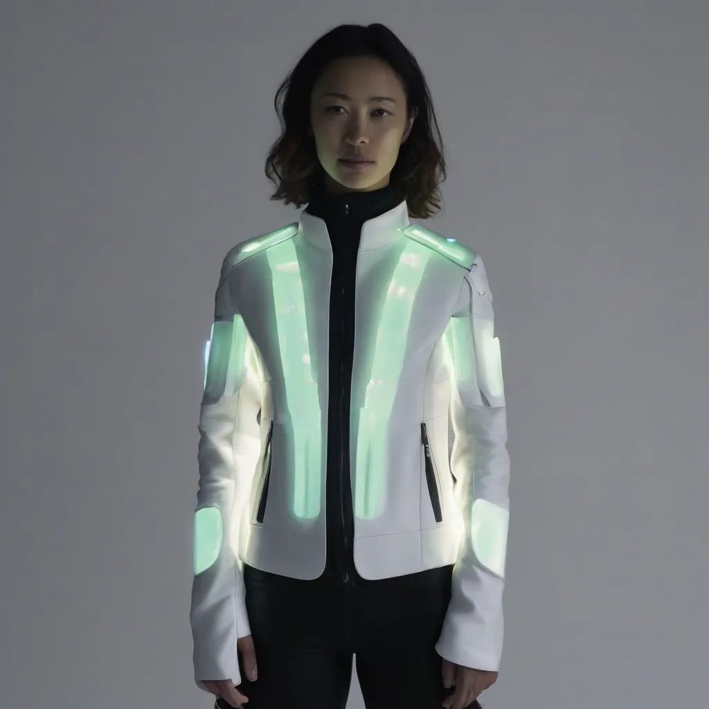 A person wearing a smart jacket with integrated sensors and glowing elements, showcasing the futuristic aesthetic.