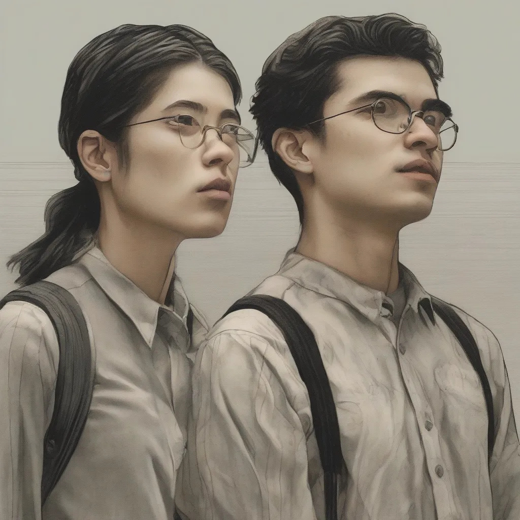 An artistic rendering of two people, seemingly identical, standing side-by-side, with subtle differences in their expressions and attire, emphasizing their individuality.