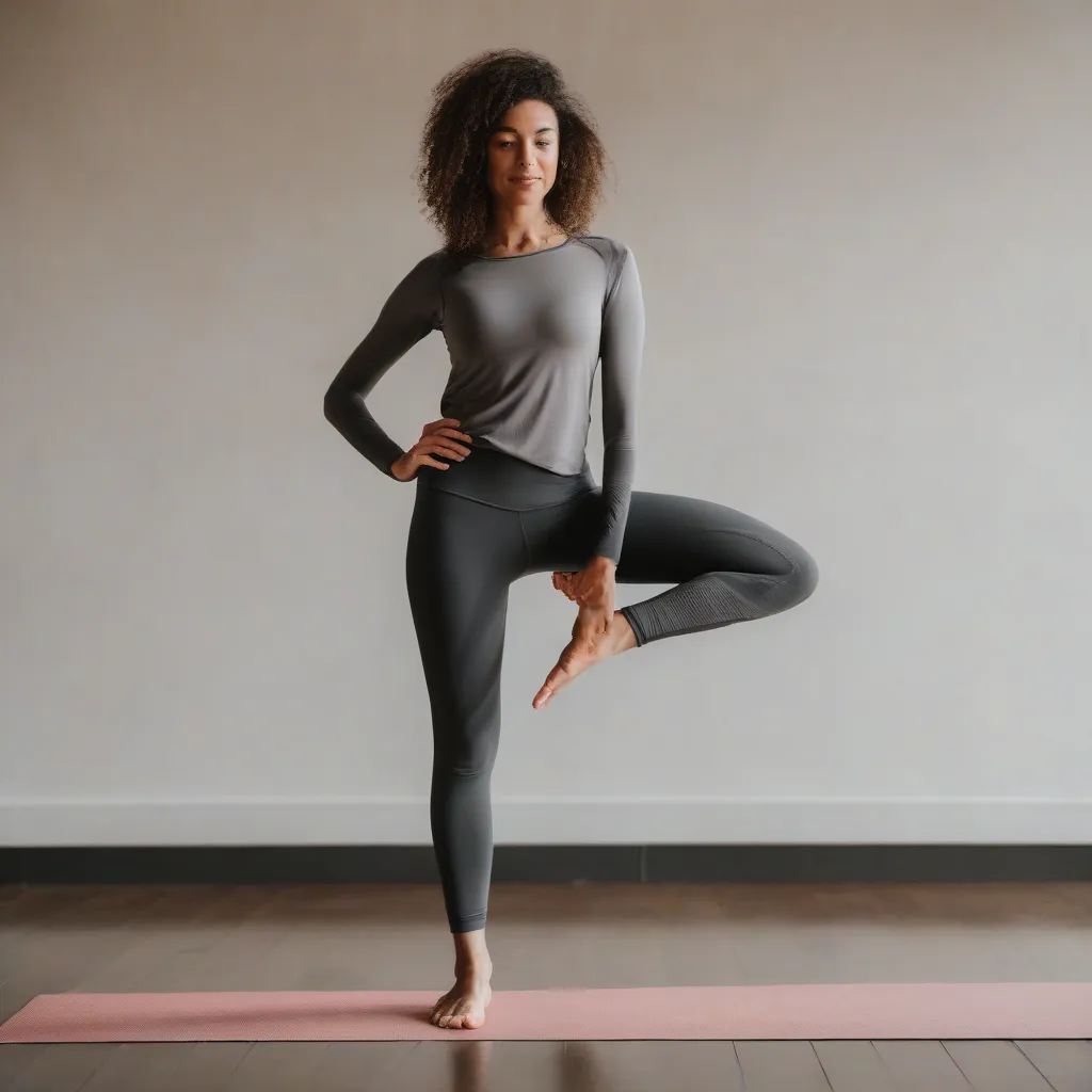 Woman in stylish yoga clothing poses in a yoga studio