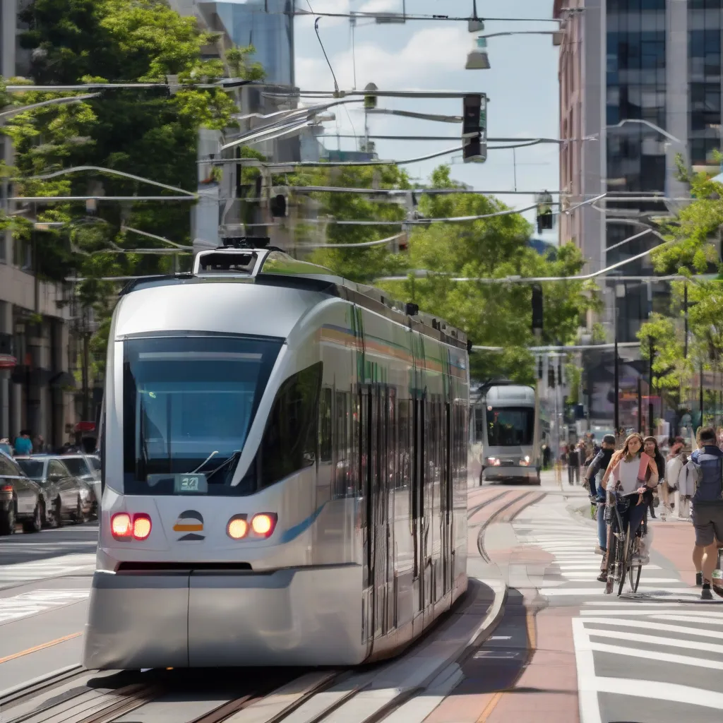 A photo of a modern light rail train moving through a city street with bike lanes and pedestrians.