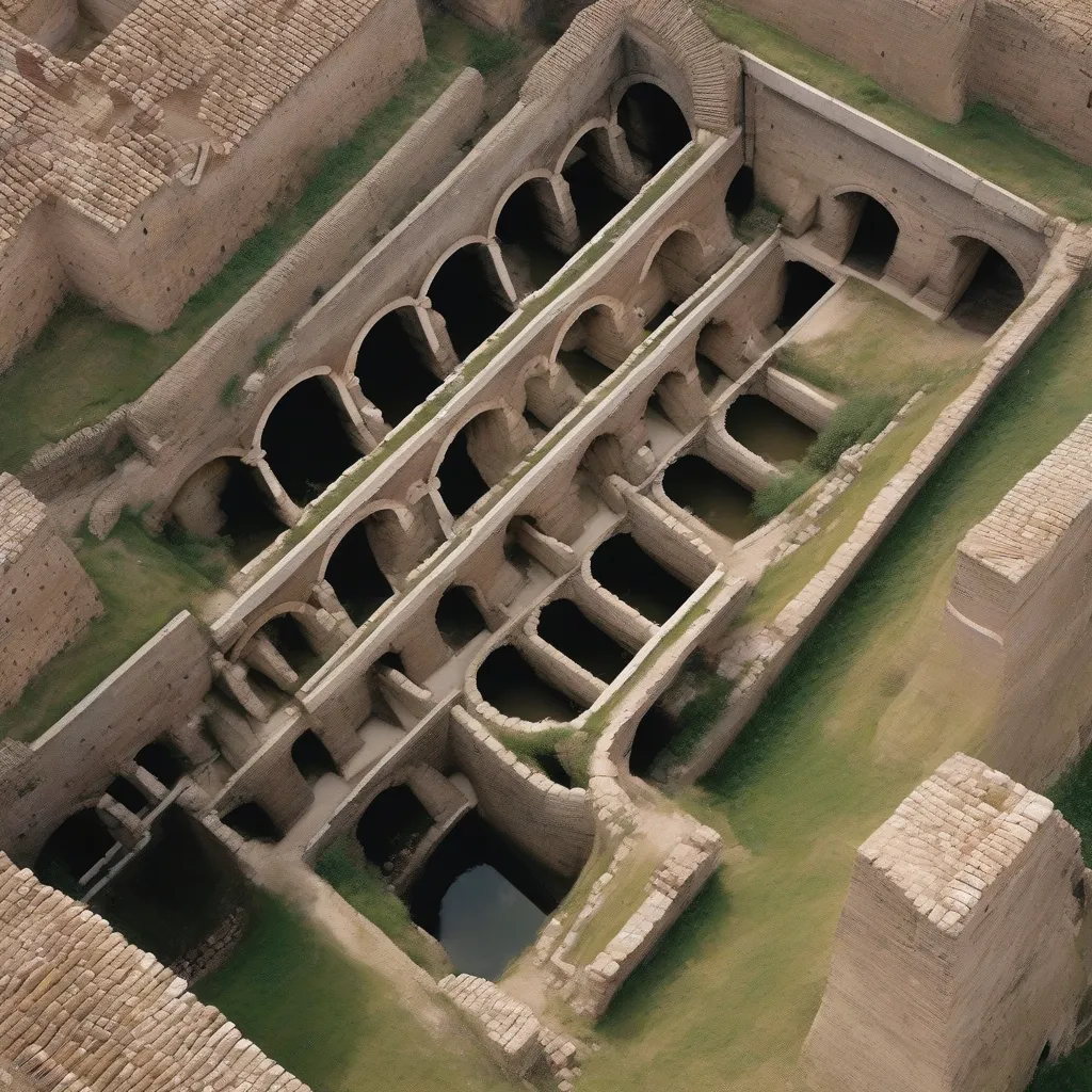 An aerial view of a well-preserved section of a Roman aqueduct, showcasing its arches and scale.