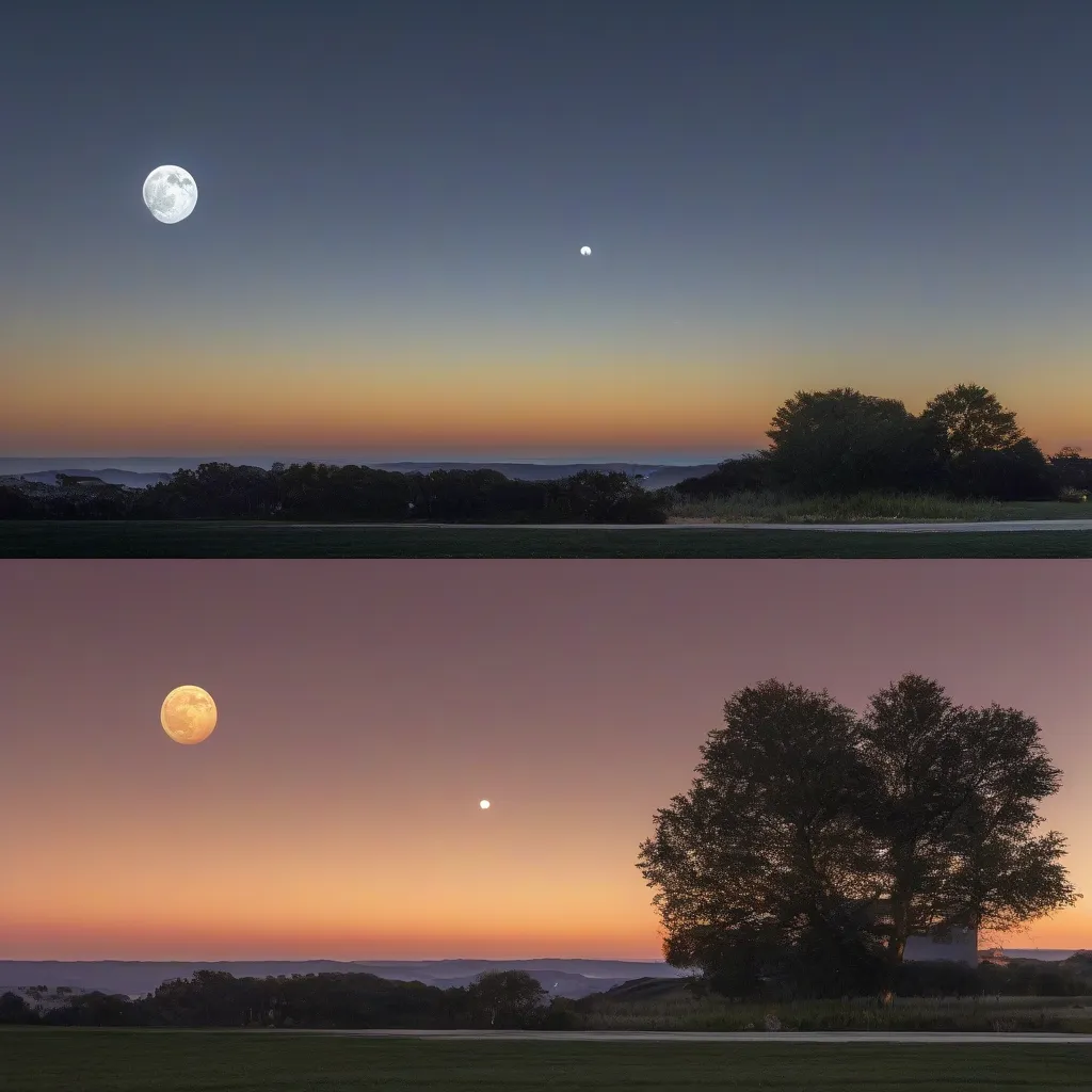 A split image showing the same size moon on the horizon and high in the sky, emphasizing the perceived size difference.
