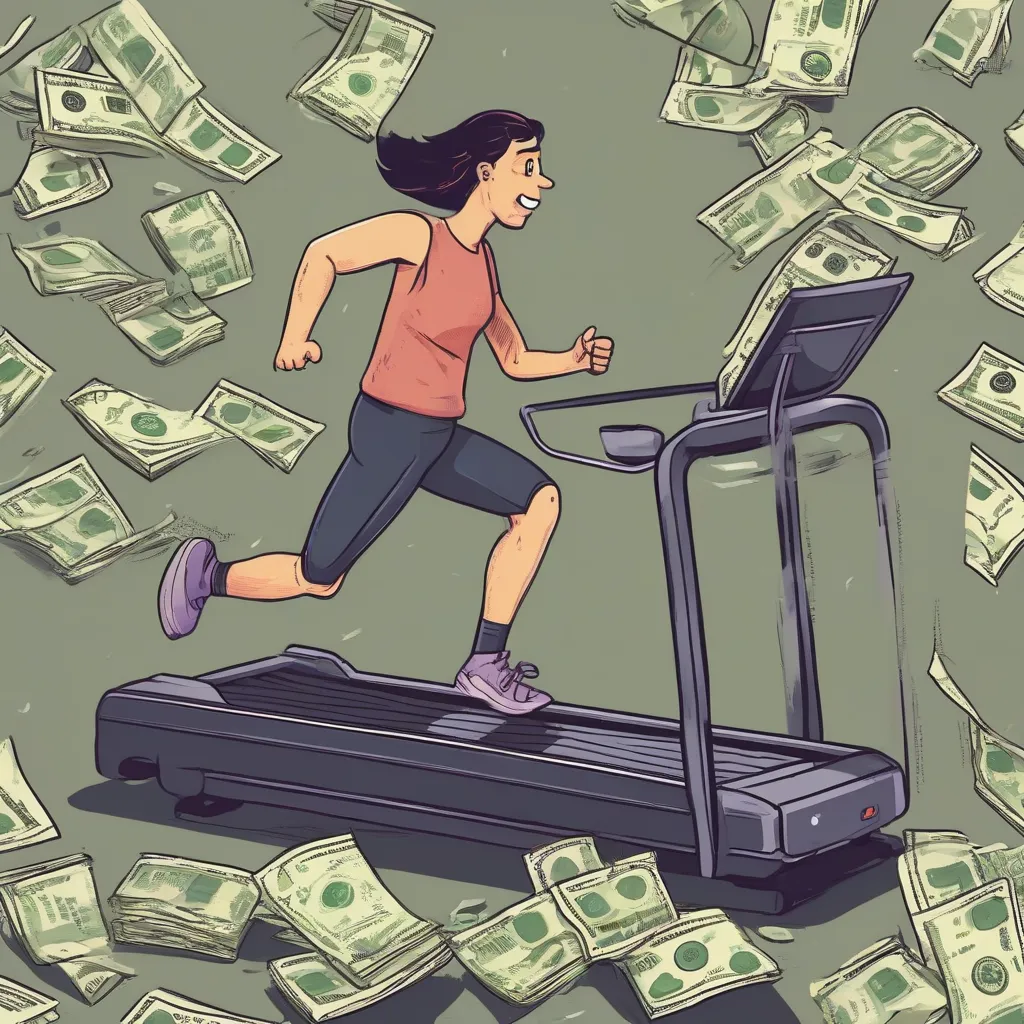 A person running on a treadmill with a pile of money next to them, but looking unhappy.