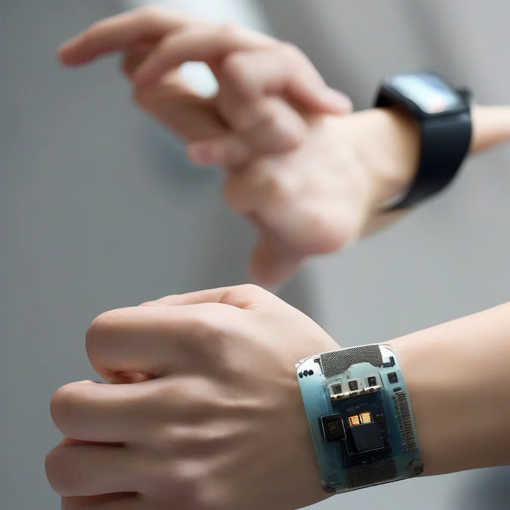 A person wearing a flexible, skin-like sensor on their wrist