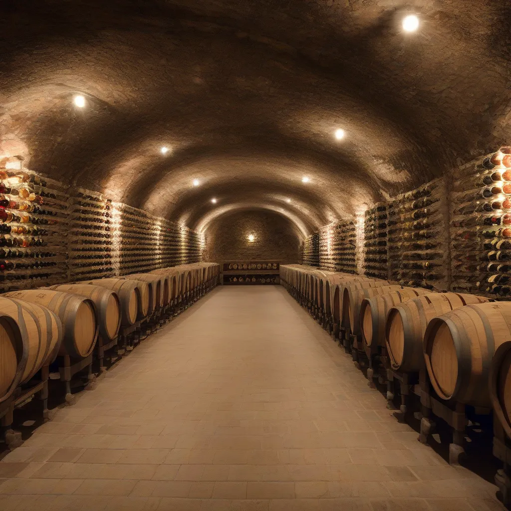 A wine cellar with rows of bottles aging.