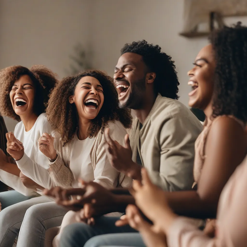 A group of diverse people laughing together during a laughter therapy session.