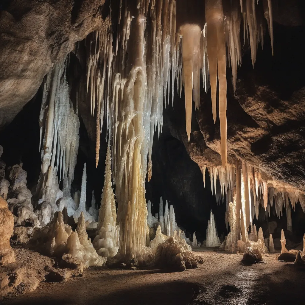 A photo showcasing stalactites and stalagmites in a cave.