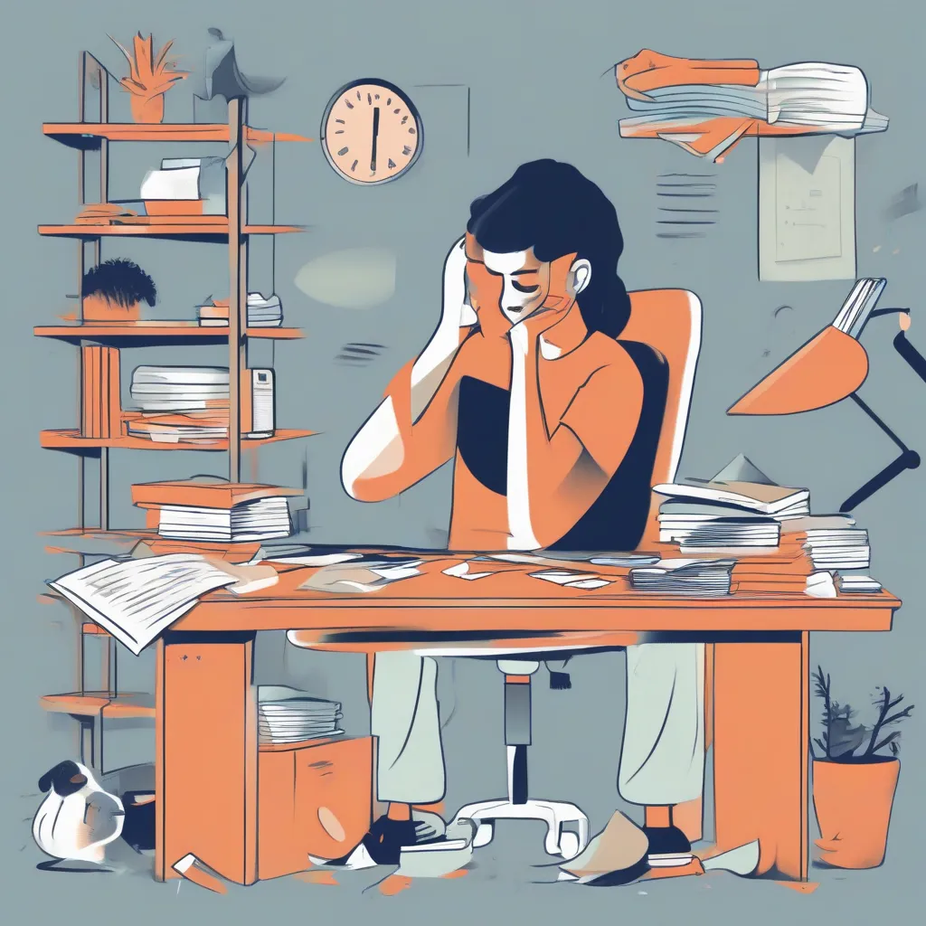 Illustration of a person sitting at a desk overwhelmed by multiple tasks, choosing to look at their phone instead.
