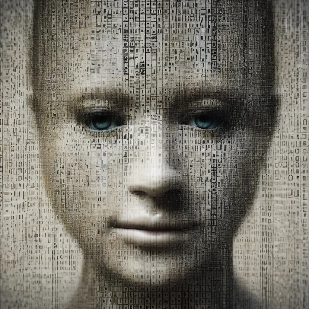 A fragmented face composed of binary code, representing the constructed nature of digital identity.