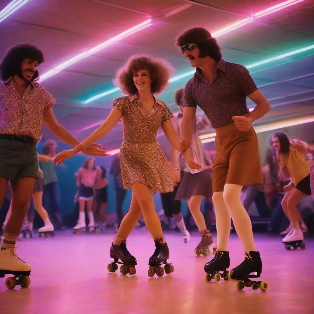 A group of people roller skating in a rink with disco lights and 70s fashion