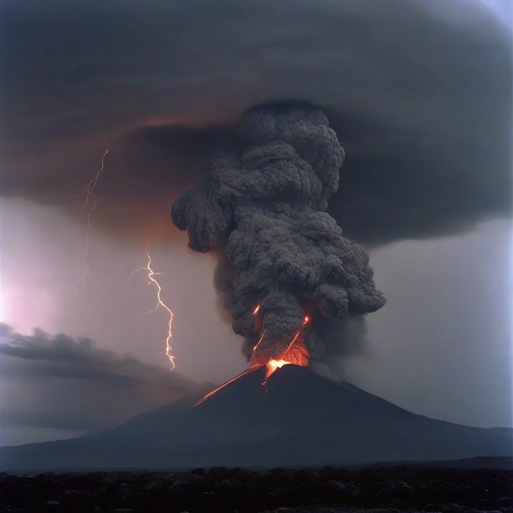 A photograph of a volcanic eruption with visible lightning strikes within the ash plume.