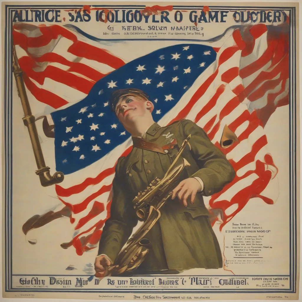 A World War I-era poster featuring sheet music with a patriotic song title.