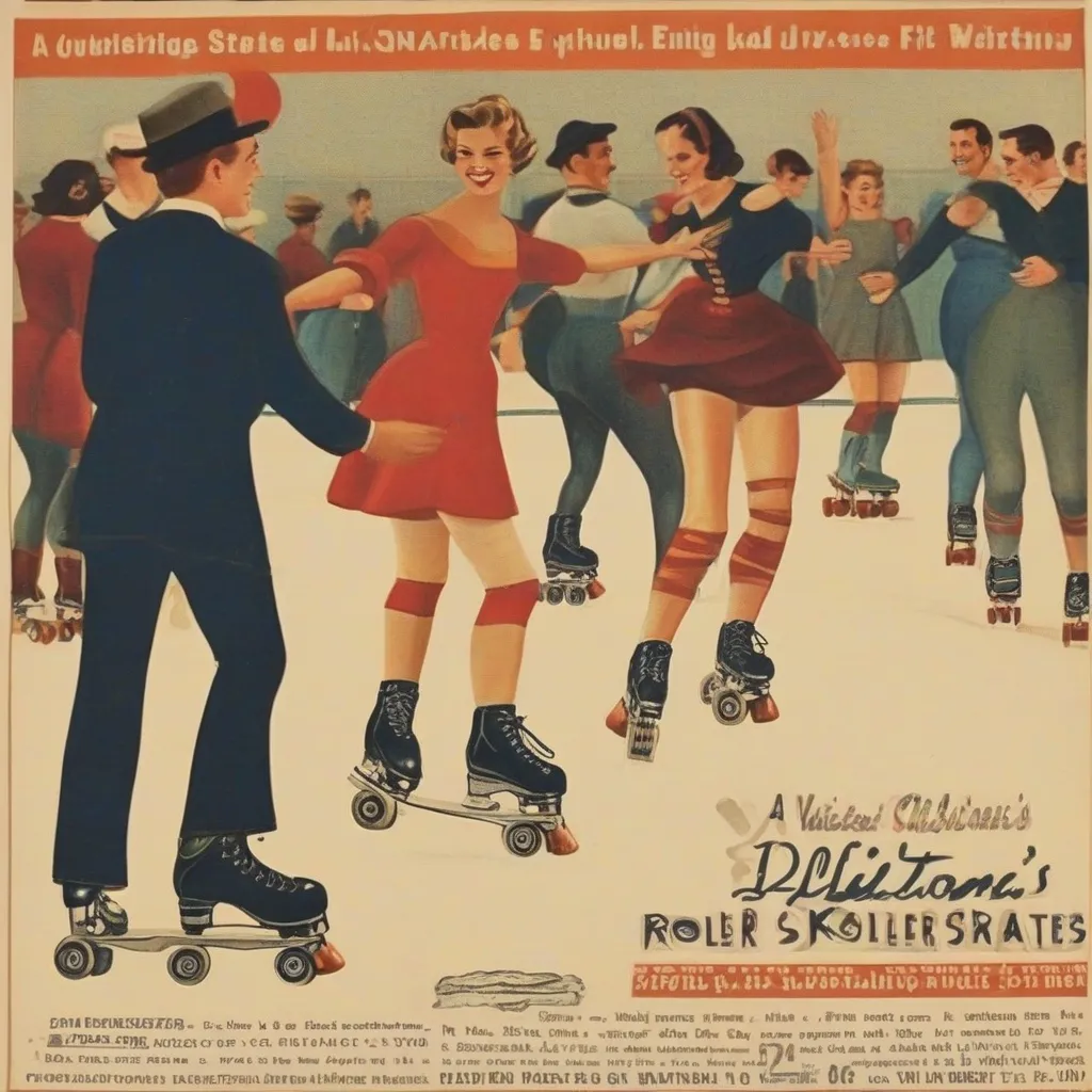 A vintage advertisement for Plimpton's roller skates featuring people skating in a rink.