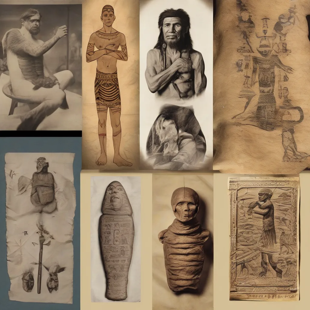 A collage showcasing historical examples of tattoos from different cultures: Ötzi the Iceman, Egyptian mummy with tattoos, and Polynesian tribal tattoo.