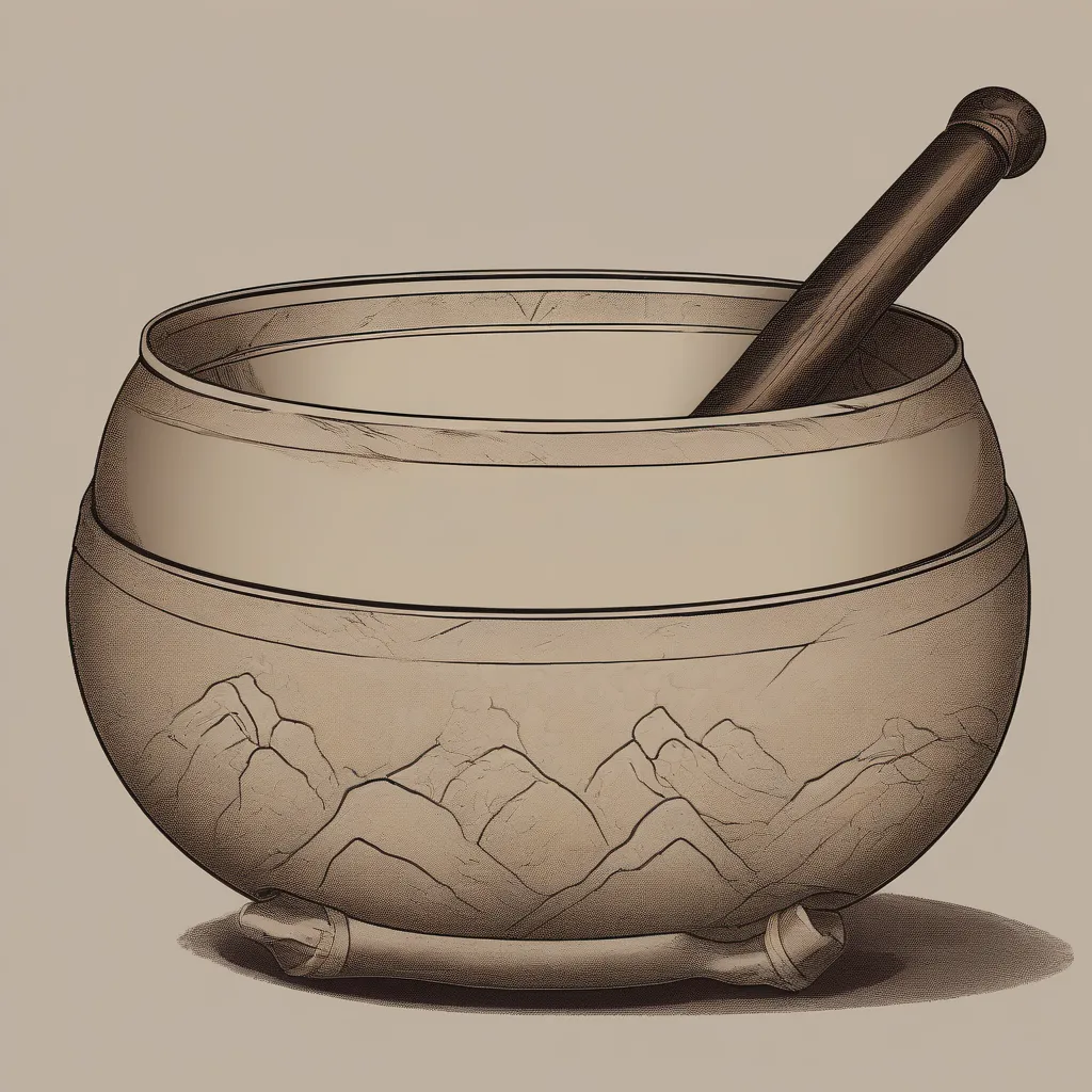 A Himalayan singing bowl resting on a cushion, with a mallet nearby.