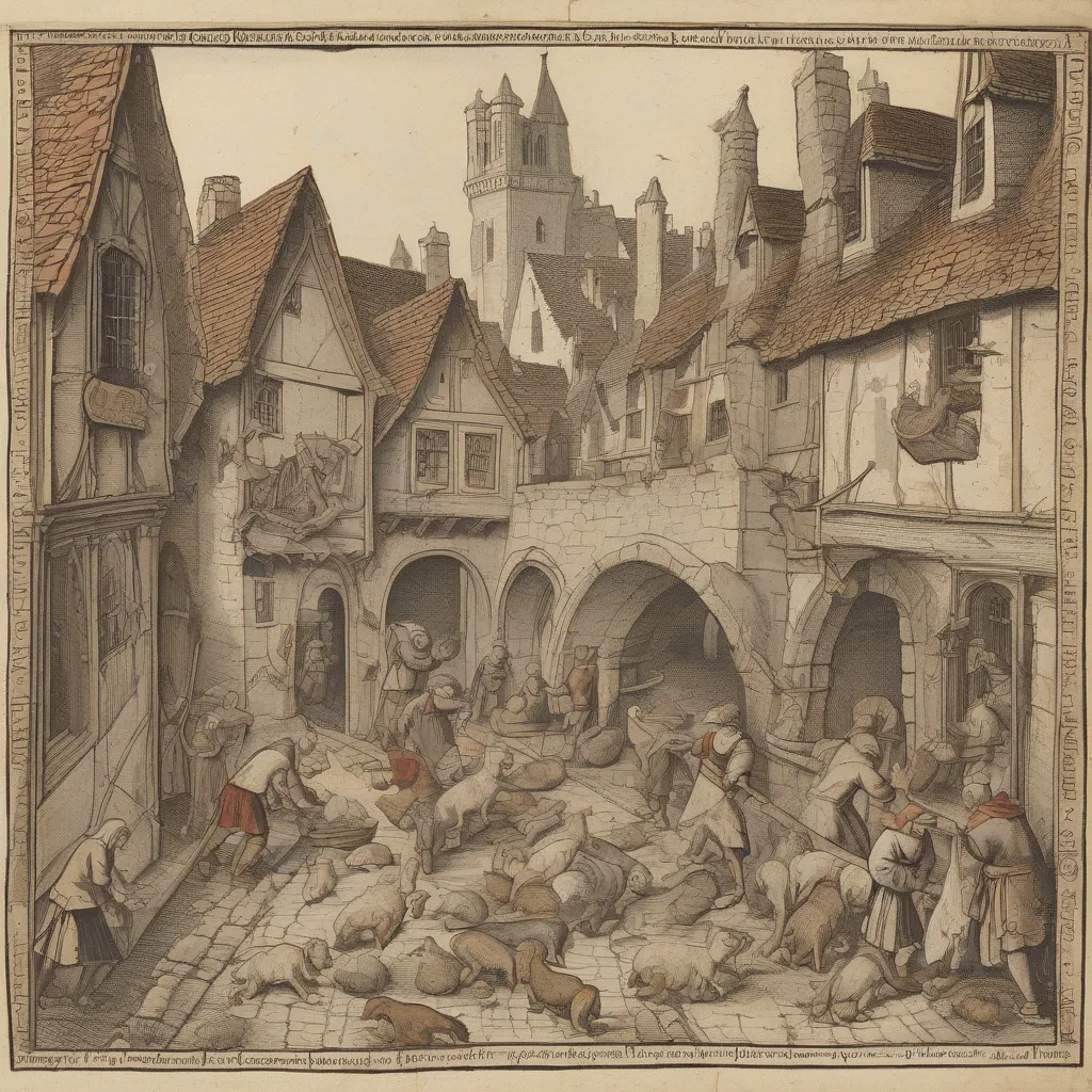 Illustration of a medieval street scene, showing people dumping waste out of windows and animals roaming freely.