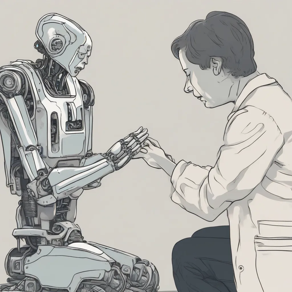 A robot extending its hand towards a crying human, suggesting an attempt at offering comfort.