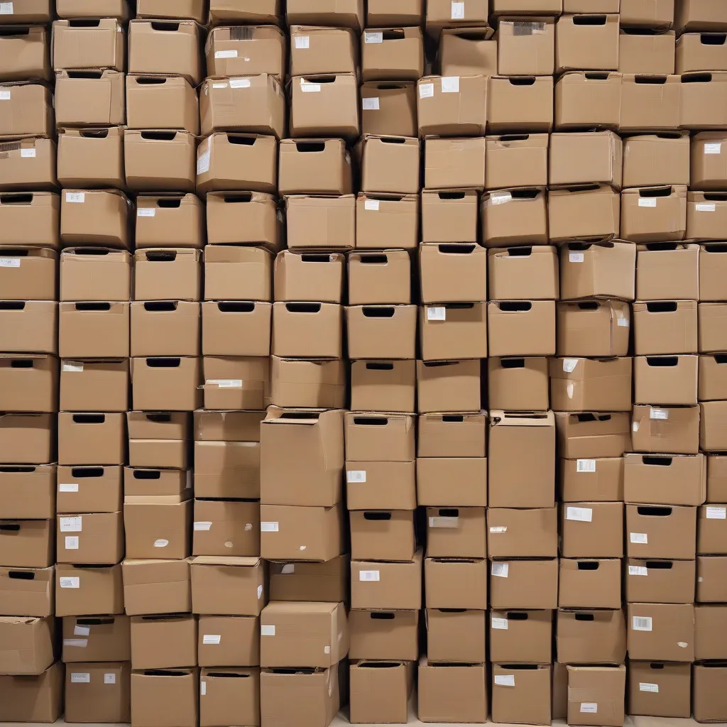 Stack of neatly stacked cardboard boxes ready for reuse or recycling.