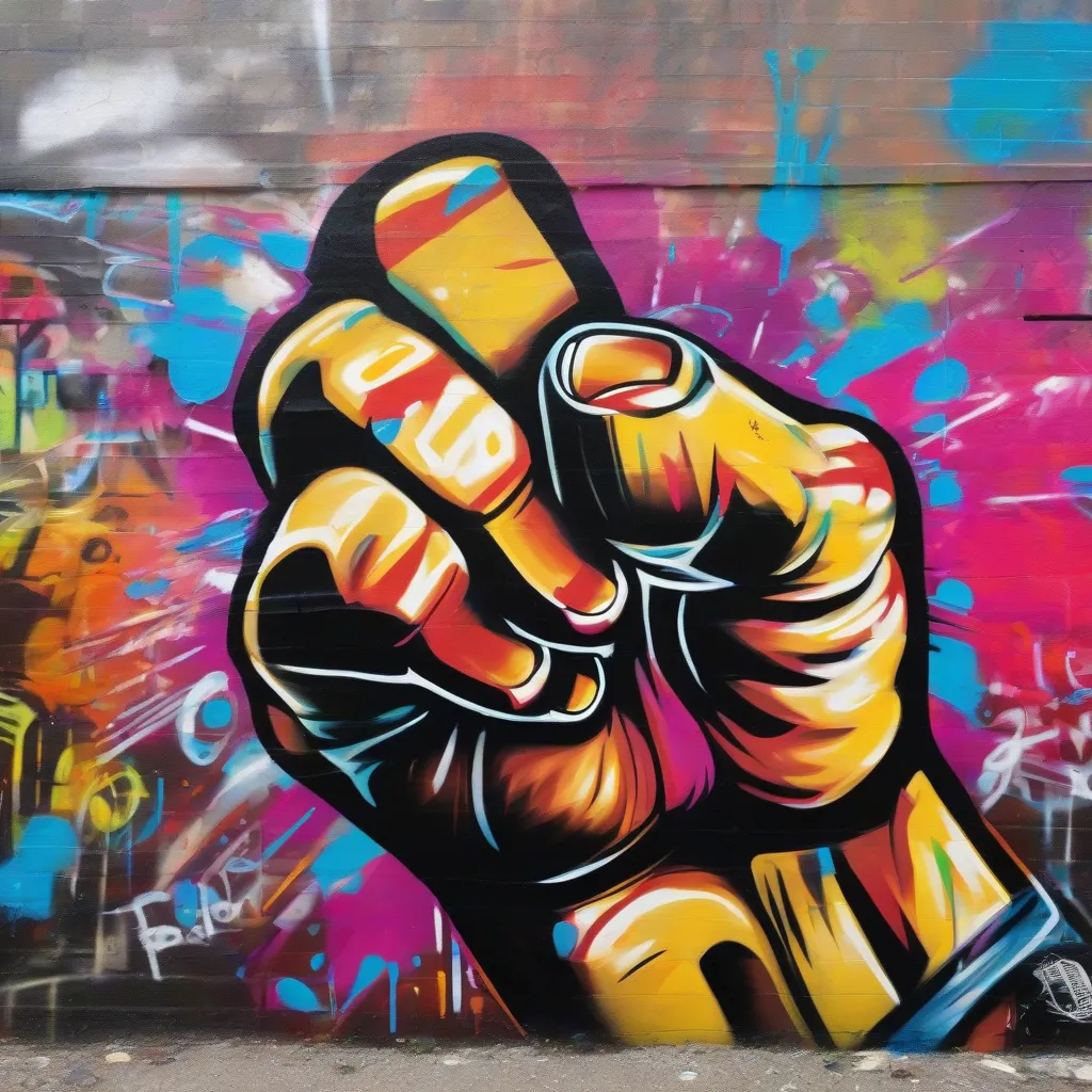 A vibrant graffiti mural depicting a clenched fist holding a paintbrush, symbolizing artistic resistance and social commentary.