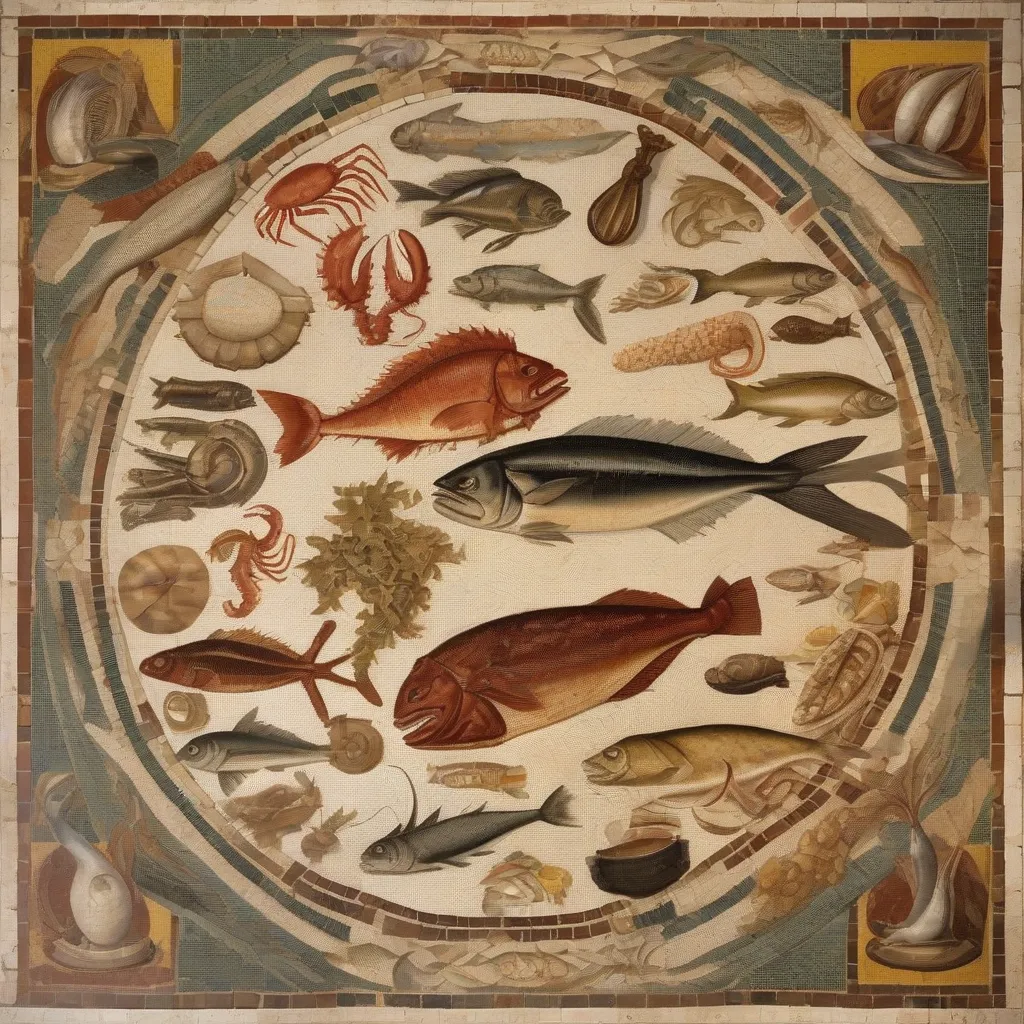 A mosaic depicting various types of seafood popular in ancient Rome.