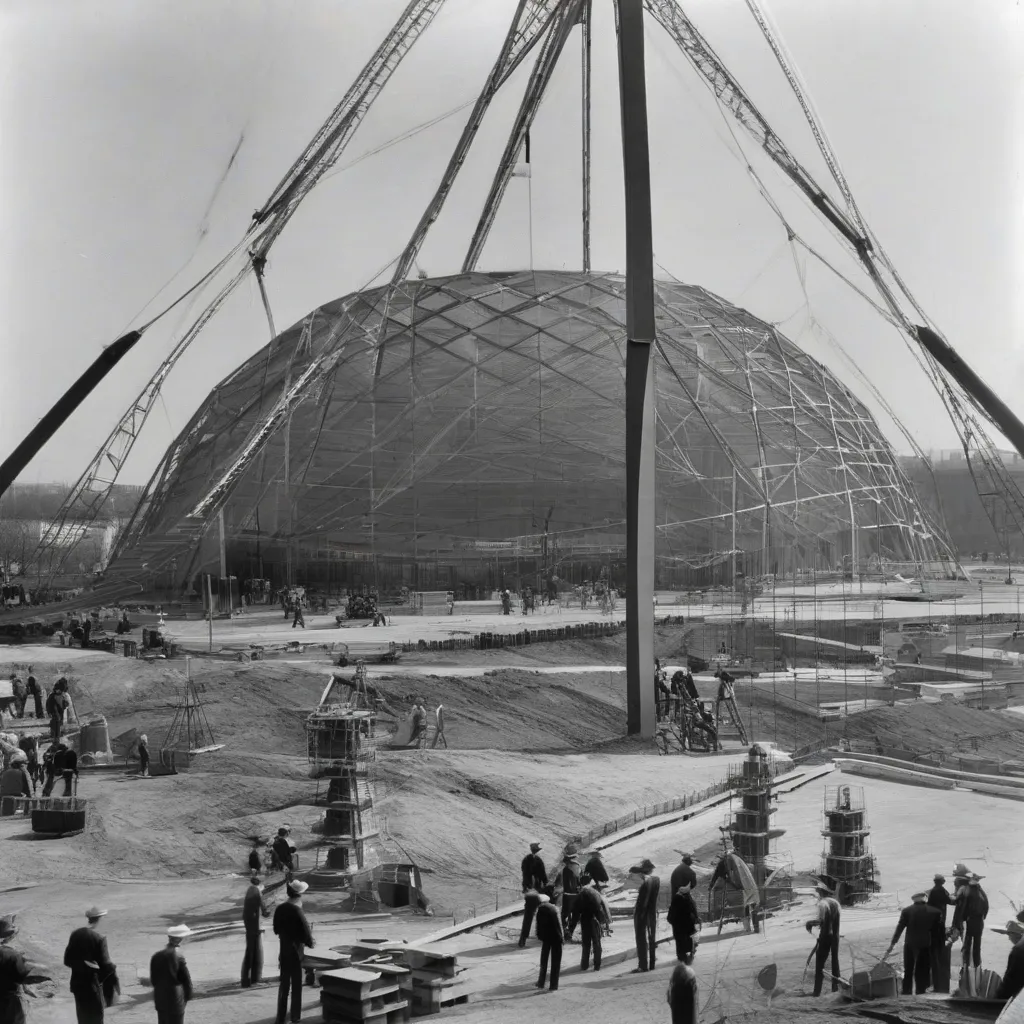 A black and white photograph depicting workers constructing a massive structure at a World's Fair.