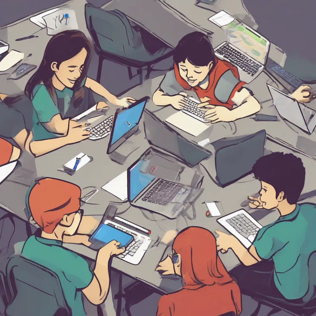 Students working collaboratively on a project, each using different technology.