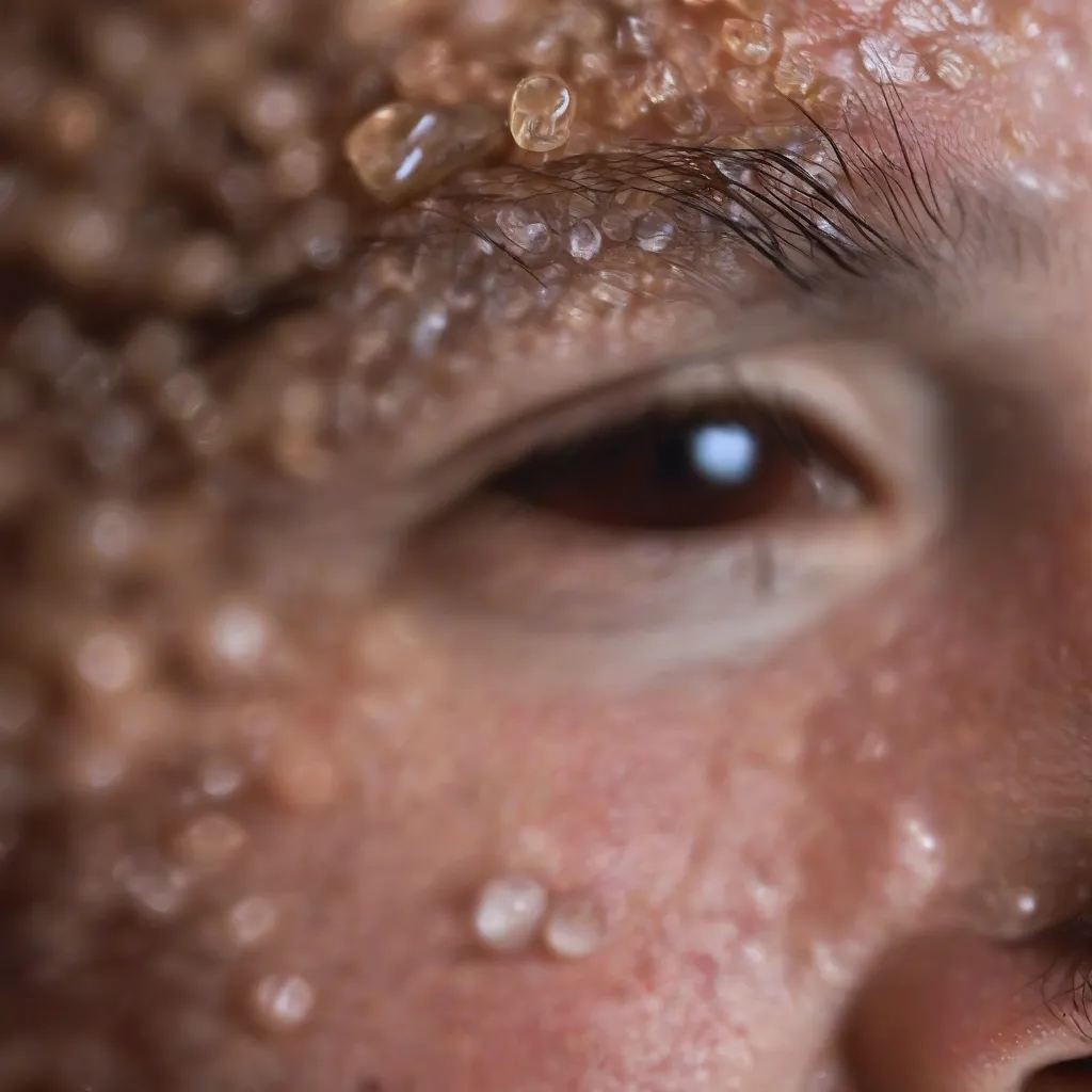 A close-up of beads of sweat on a person's forehead.