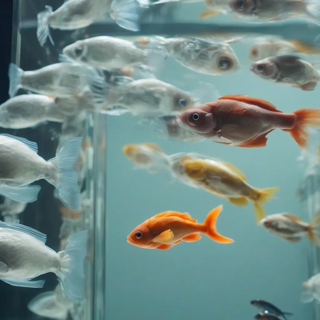 A close-up of a robotic fish gracefully swimming alongside real fish in a clear tank, illustrating the seamless emulation of natural movement.