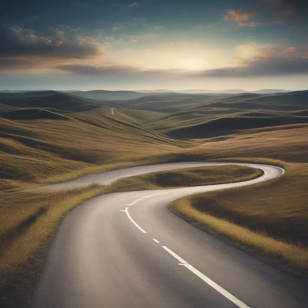 A winding road stretching into the horizon, symbolizing a journey or path, with a serene sky above.