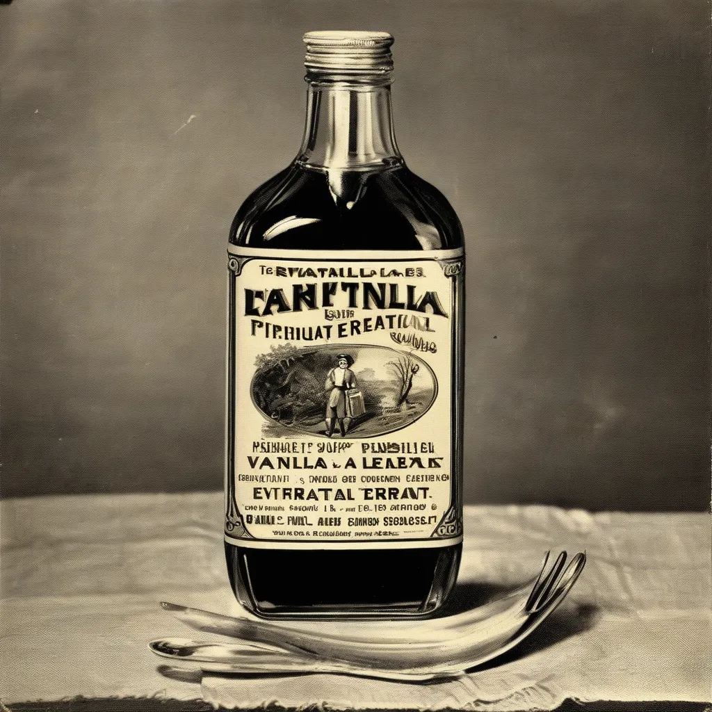 A vintage advertisement showing a bottle of early artificial vanilla extract.