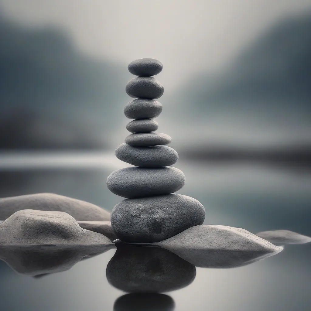 A serene image of a balanced stack of smooth, grey stones beside a still body of water reflecting a clear sky, symbolizing balance and the quiet depth of emptiness.