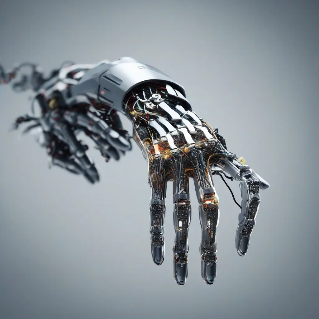 A digital rendering of a human hand merging with robotic components.