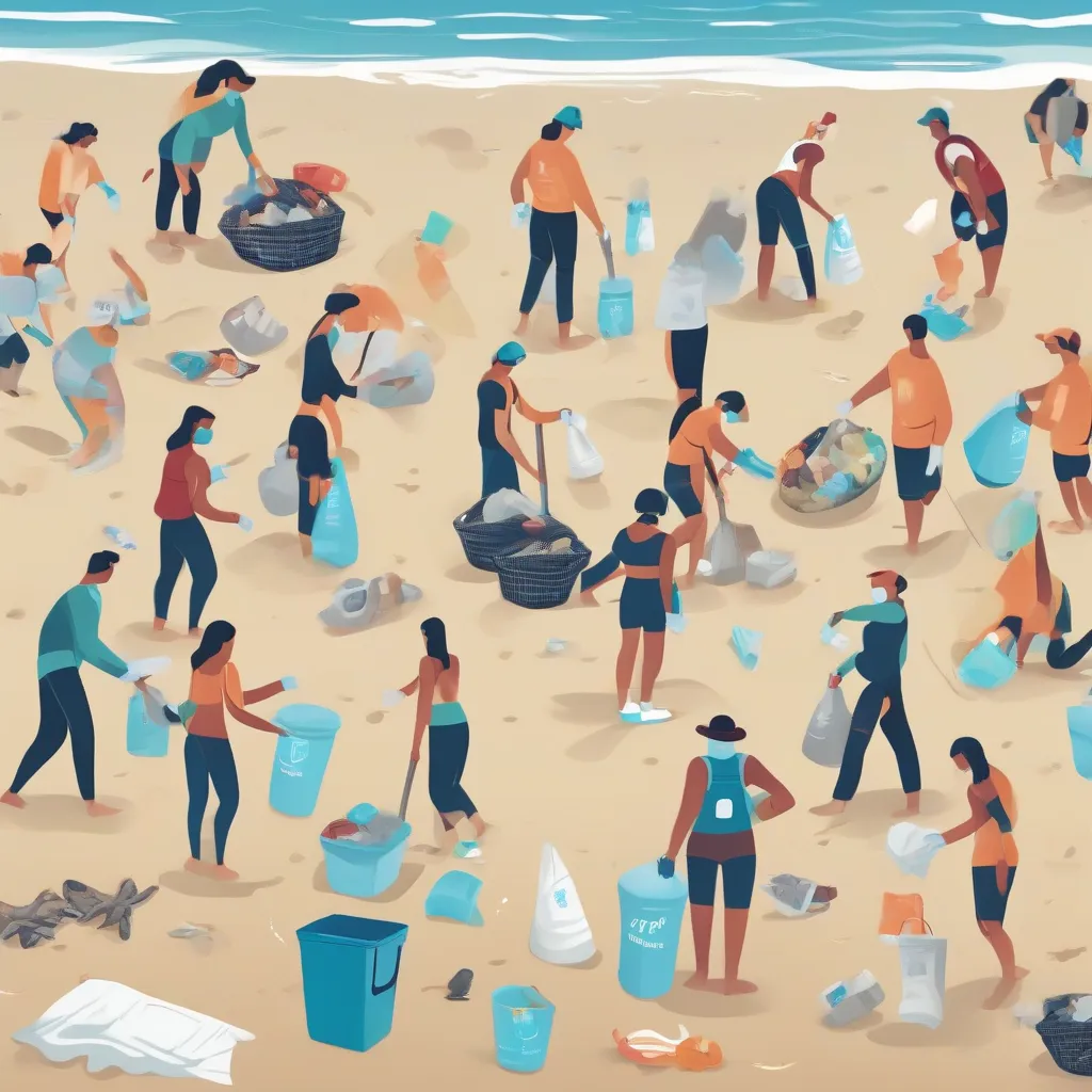 An image of people participating in a beach cleanup, collecting plastic trash.