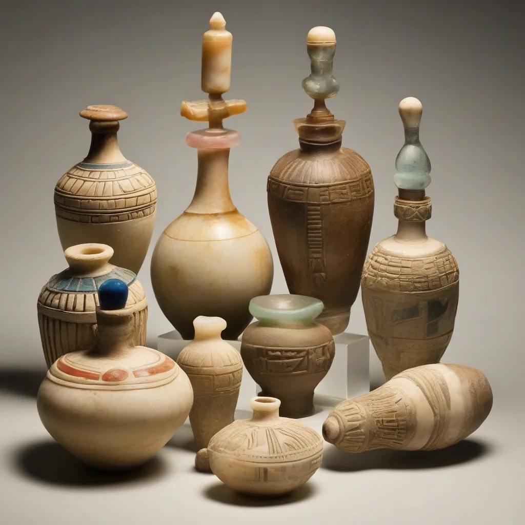 An assortment of ancient Egyptian perfume bottles made of alabaster, pottery and glass, showcasing varying shapes and decorative elements.