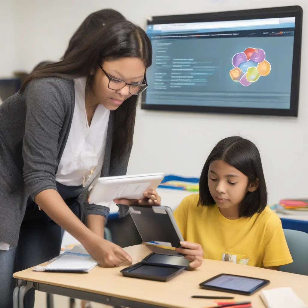 A student using a tablet with educational software, a teacher nearby offering guidance.