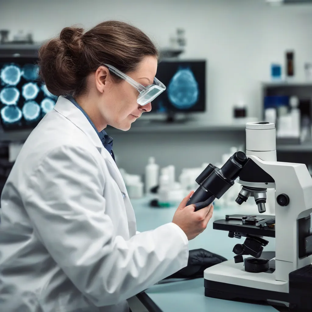 A researcher in a lab coat looking at cells under a microscope.