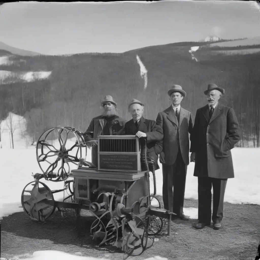 A black and white photo of the original three snowmaking inventors with their early machine.