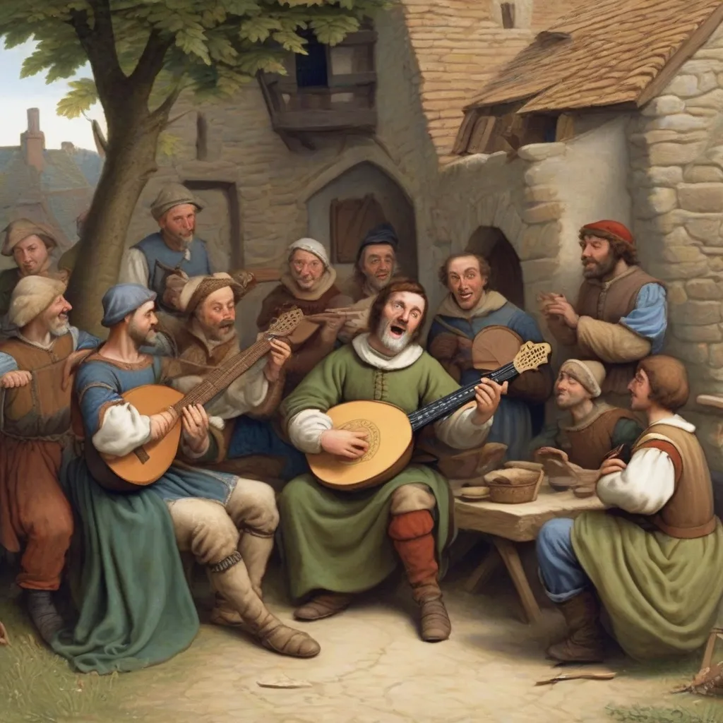 A medieval minstrel playing a lute while telling a story to a group of villagers.