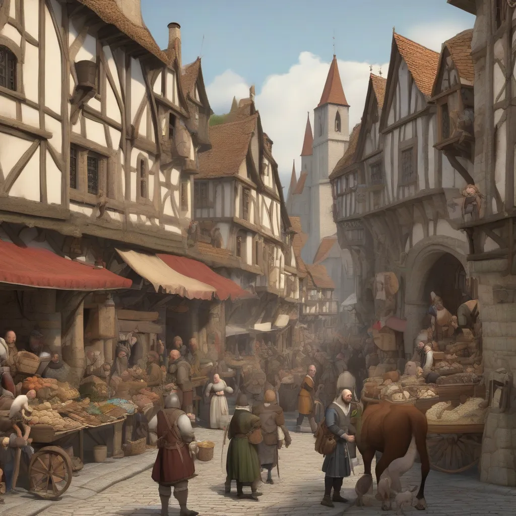 A crowded medieval street scene with various vendors, animals, and people going about their daily lives.