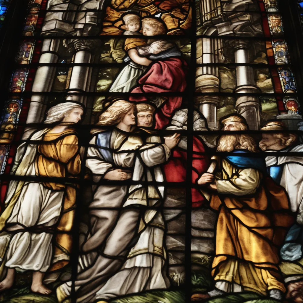 Close up shot of a section of a stained glass window depicting a biblical scene