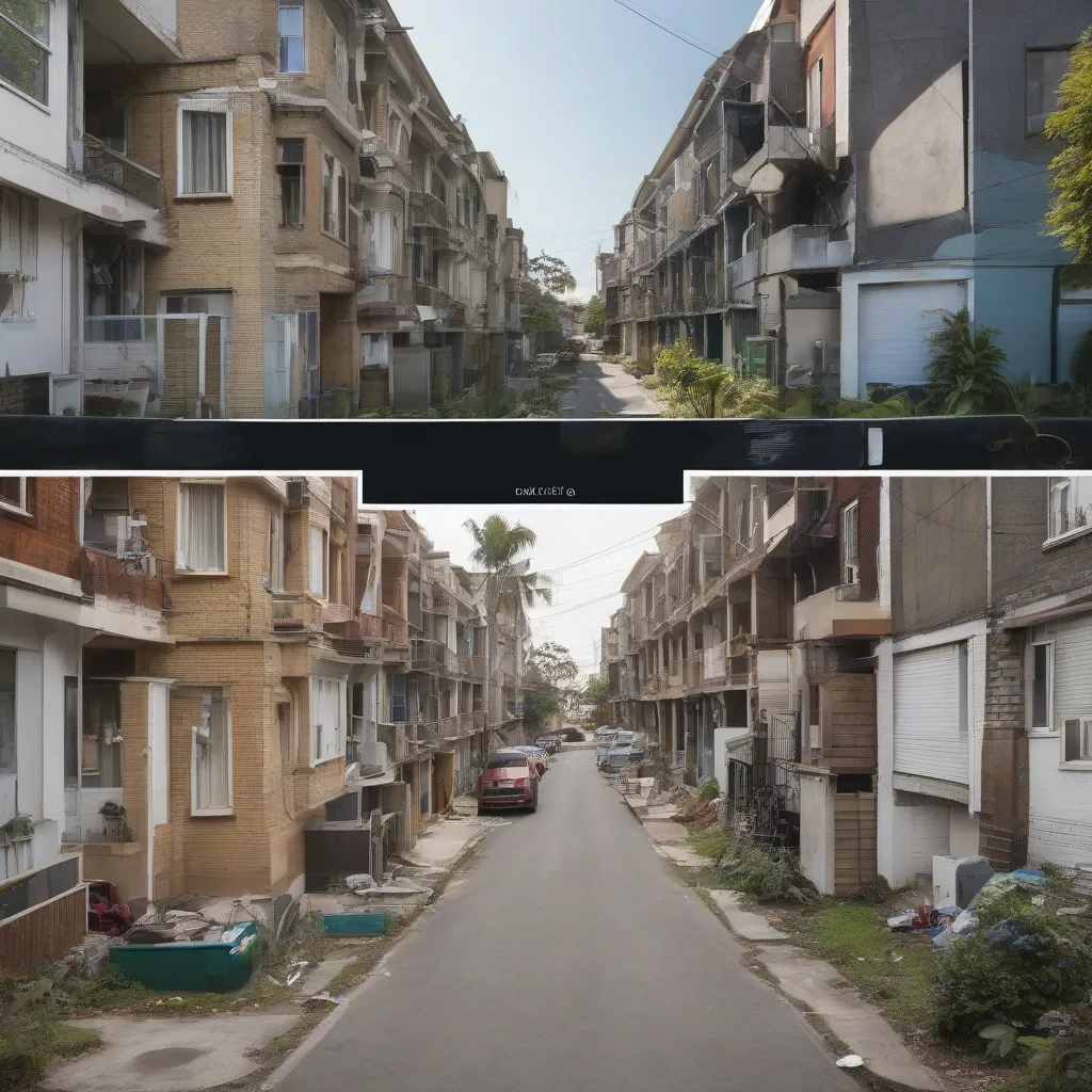 A split image showing a prosperous neighbourhood on one side and a rundown neighbourhood on the other.