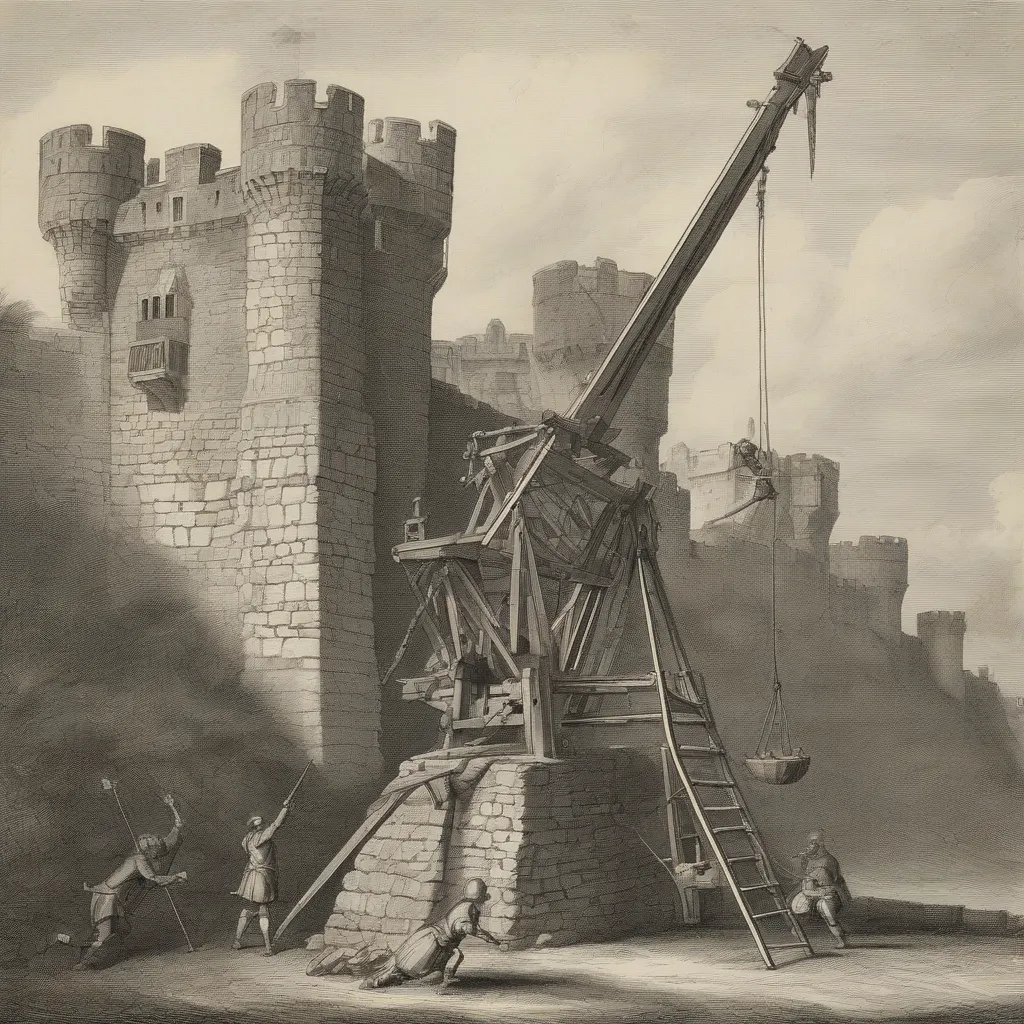 A trebuchet launching a large stone projectile at a castle wall