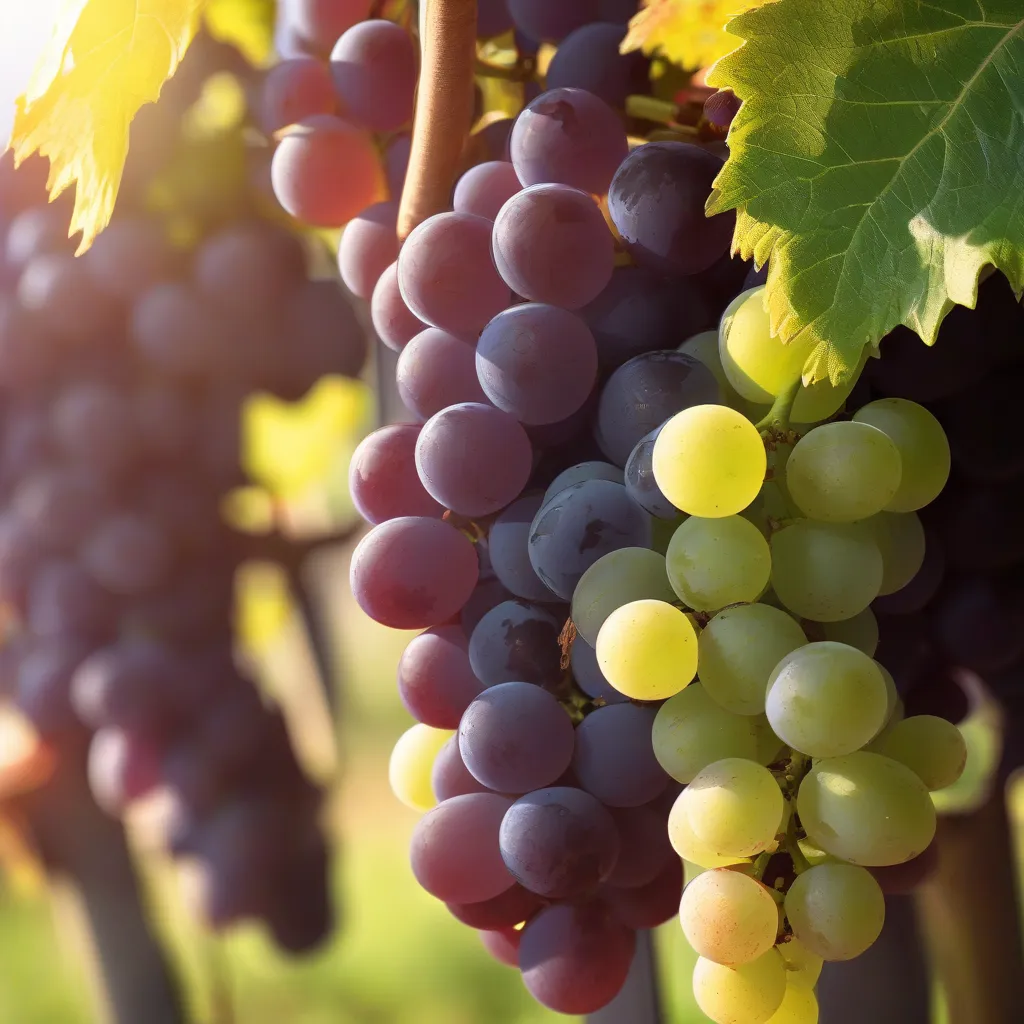 Grapes on a vine ready to be harvested, sun shining.