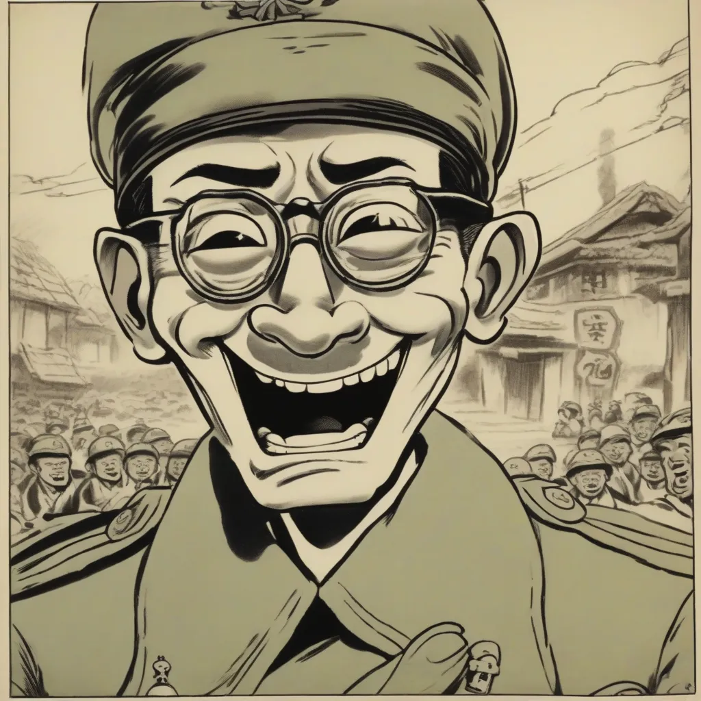 A screenshot of a propaganda cartoon from World War II depicting a caricatured Japanese soldier as a buck-toothed, bespectacled villain.