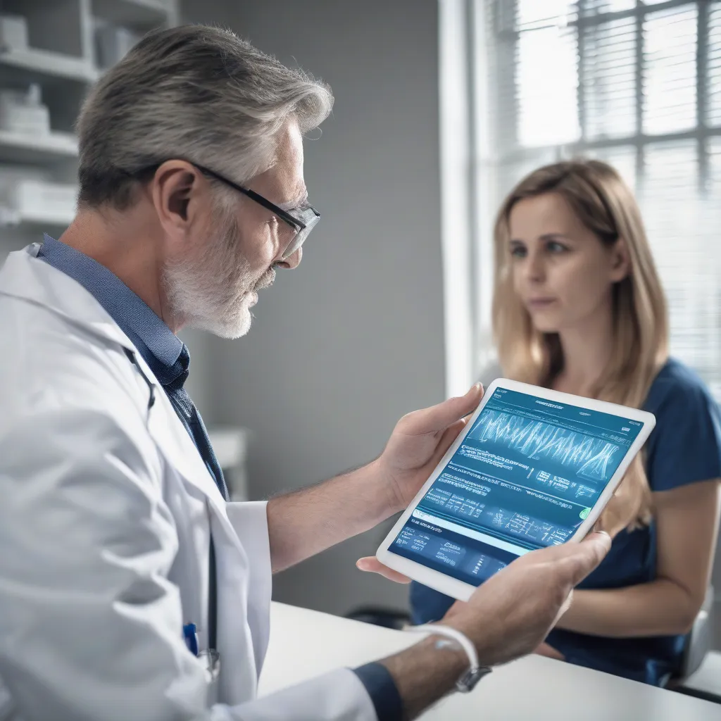 A doctor explaining a genetic test result to a patient on a tablet