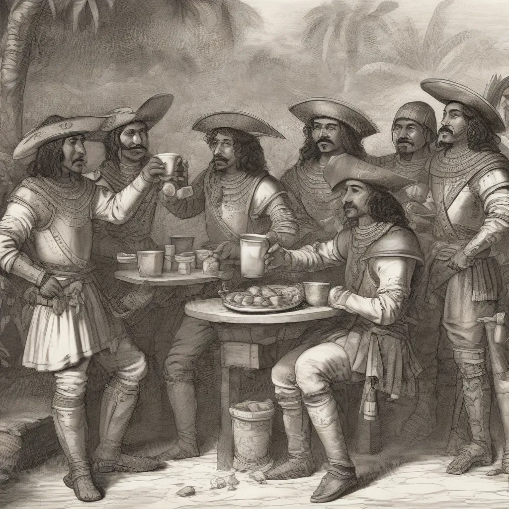 A drawing of Spanish conquistadors being offered a cacao drink by Aztecs.