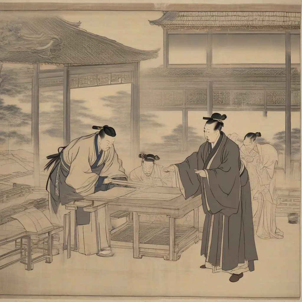 Cai Lun demonstrating the paper making process to the emperor.