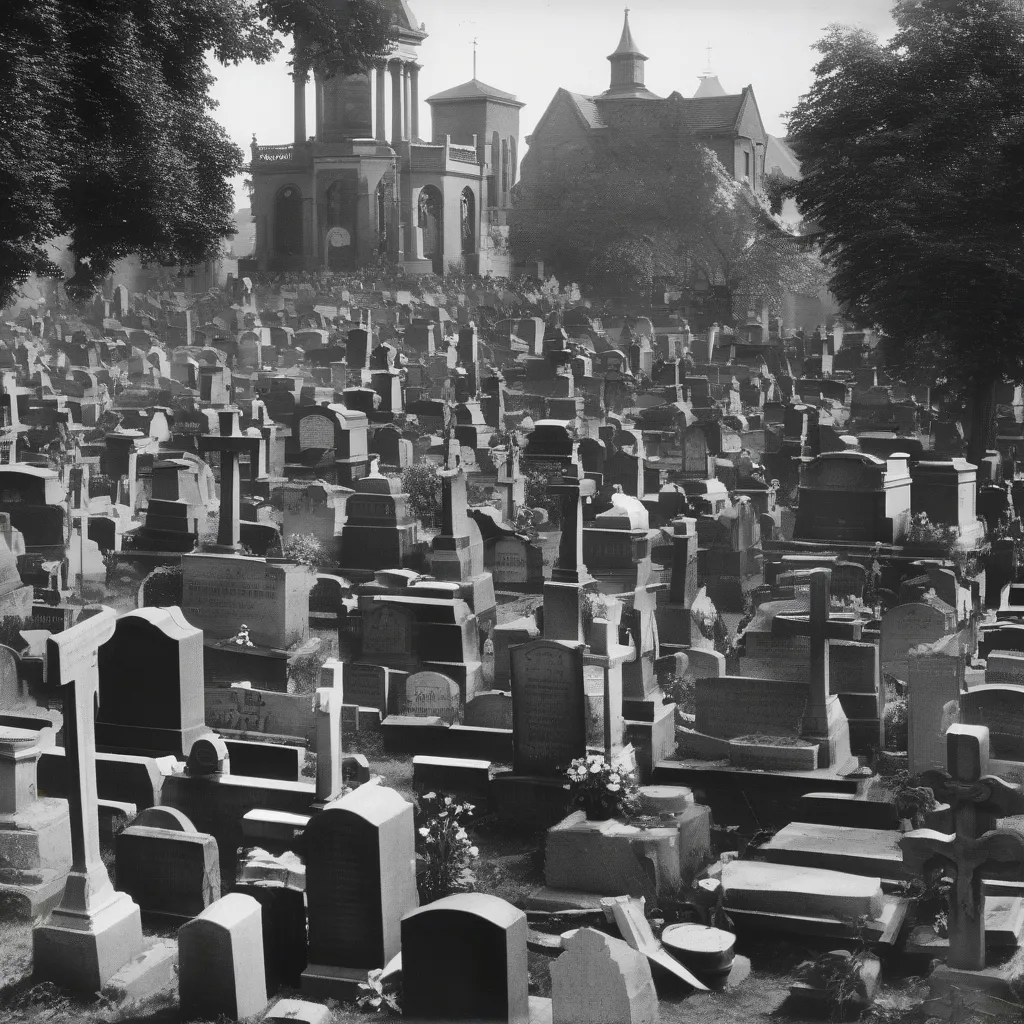 A black and white photograph of a crowded 19th century urban cemetery